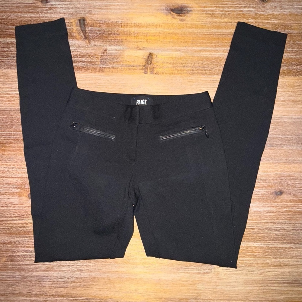 PAIGE Los Feliz Black Ponte Skinny Pants Leather Trim Size 23 NWT